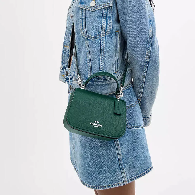 COACH Cross Stitch Leather One Shoulder Handbags Small Size Women's Emerald Green-3
