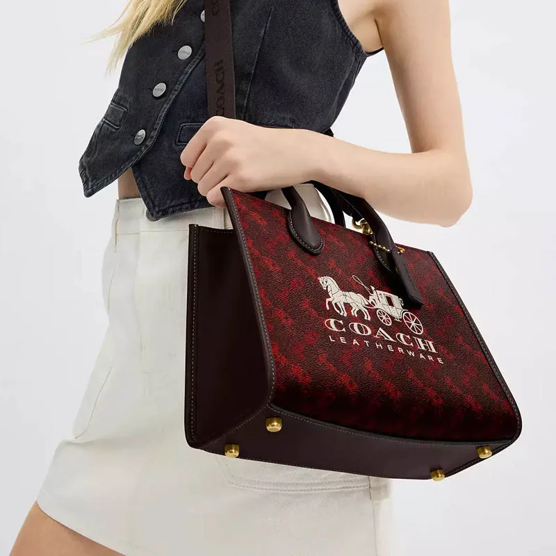 COACH Ace Coated Canvas Tote Bag, Shopping Bag, Shoulder Bag, Handbag Medium Size Women's Fuchsia & Ox Blood-3