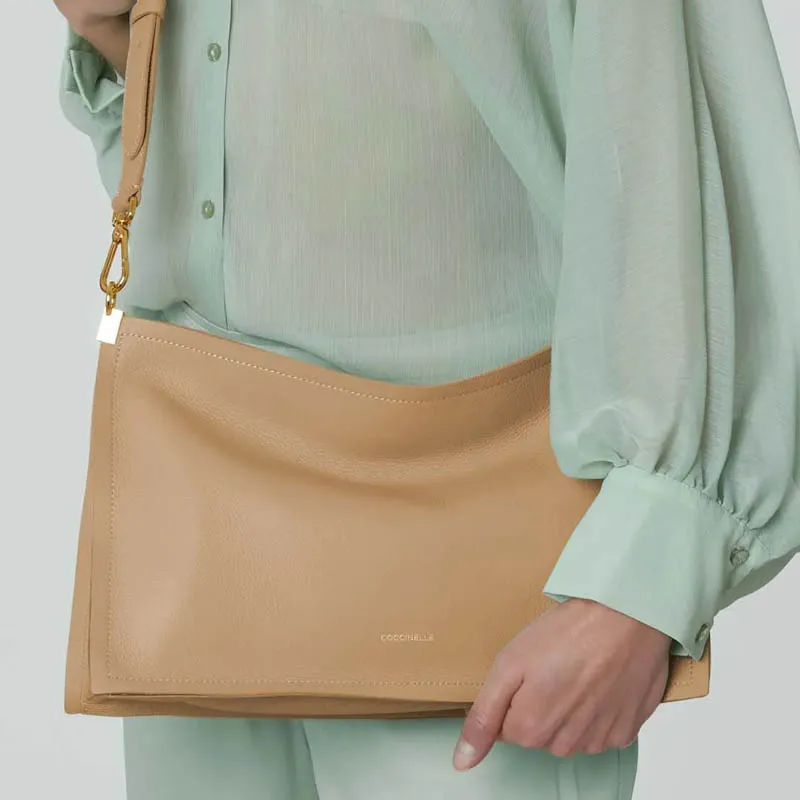 COCCINELLE Cow Leather Portable Crossbody Bag Shoulder Bag Large Size Women's Fresh Beige & Peach-4