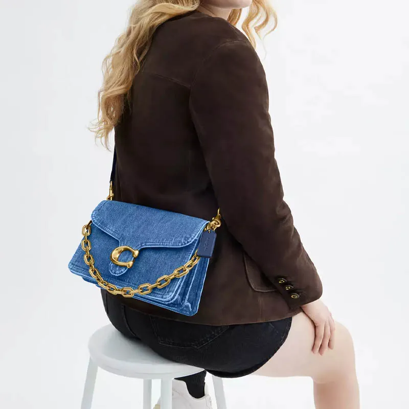 COACH ChainTabby Denim One Shoulder Handbag Medium Size Women's Dark Blue-8