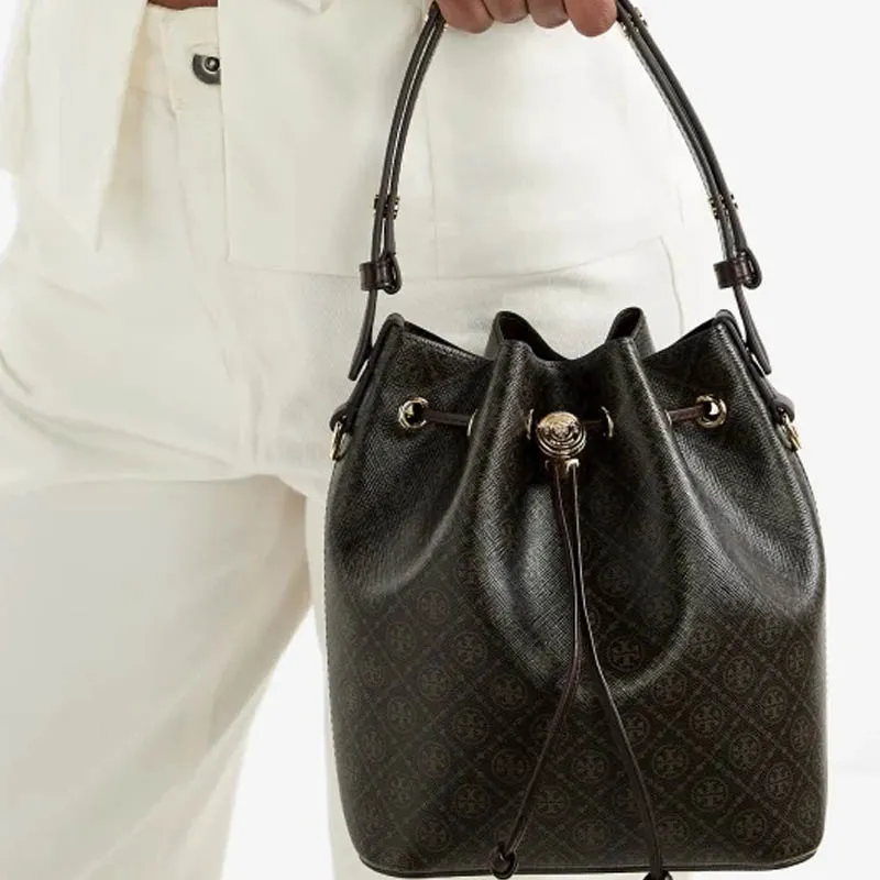 TORY BURCH T Monogram Coated Canvas Bucket Bag French Press-4