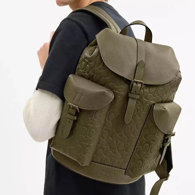 COACH WARNER Calfskin Backpack Tubas Men's Army Green-4
