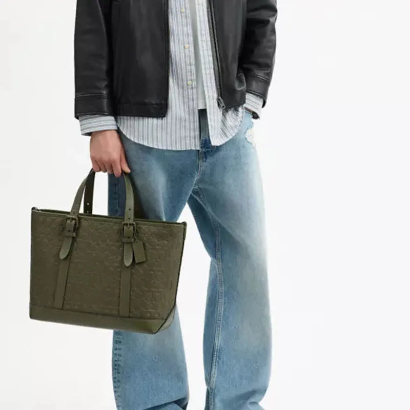 COACH WARNER Cow Leather Tote Bag, Shopping Bag, Shoulder Bag, Handbag Tubas Men's Olive-5