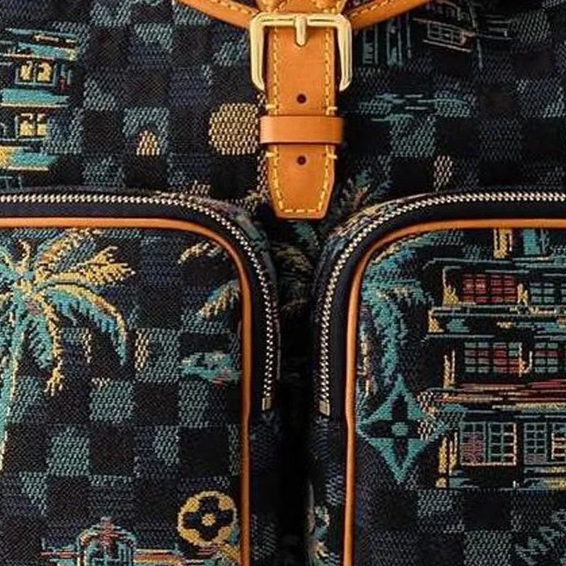 LOUIS VUITTON Montsouris Damier Palm Trees Jacquard Cotton Backpack Men's Deep Blue & Multicolor-4
