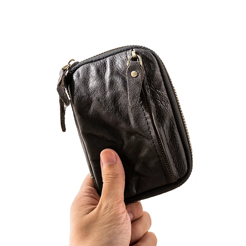 Back Step Top Grain Vegetable Tanned Cow Leather Card Holder Key Pouch Unisex Black/Coffee-1