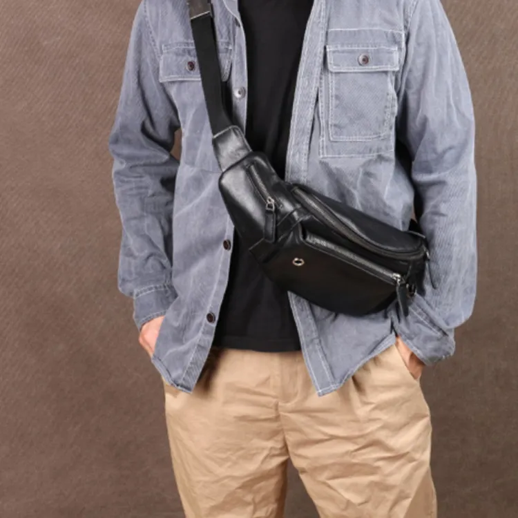 DOSRFINI Vegetable Tanned Top Grain Cow Leather Fanny Pack Sling Bags Regular Men's Black/Brown-3