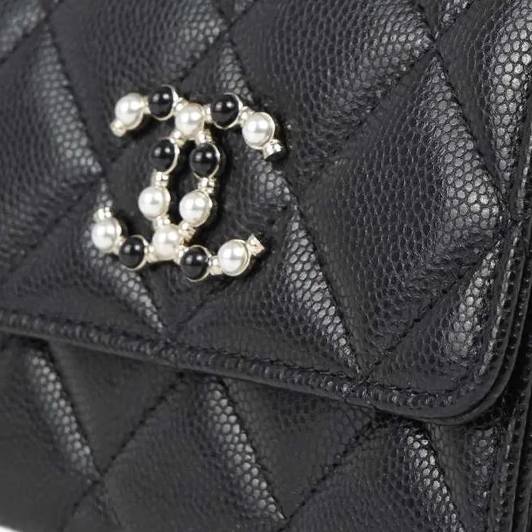 CHANEL Litchi Leather Small Card Holder, One Shoulder Crossbody Coin Purse Trumpets Women's Black-4