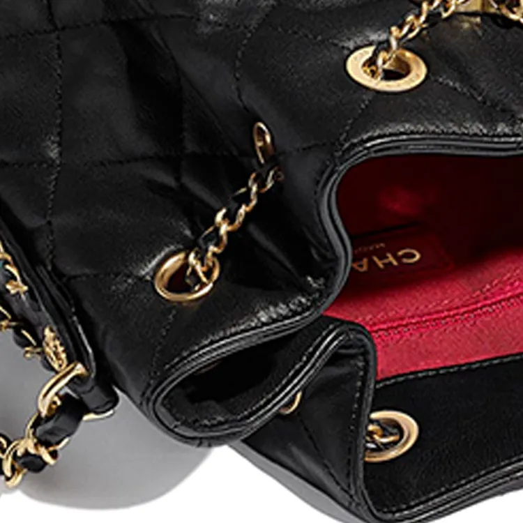 CHANEL Sheepskin Drawstring Bag, Bucket Bag, Shoulder Bag Tubas Women's Black-4