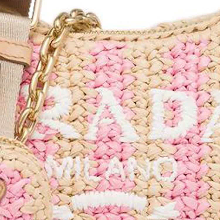 PRADA Re Edition Natural Raffia Fiber Leather Detail Crossbody Bag, Shoulder Bag Women's Tan/Petal Pink-3