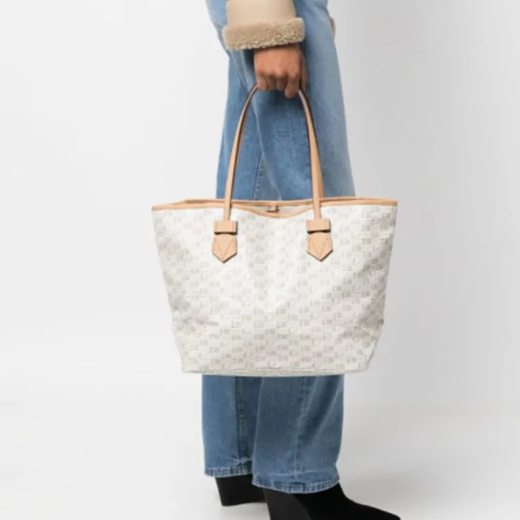 MOREAU Calfskin With Canvas Tote Bag, Shopping Bag, Handbag Medium Size Women's Light Beige & Beige-3