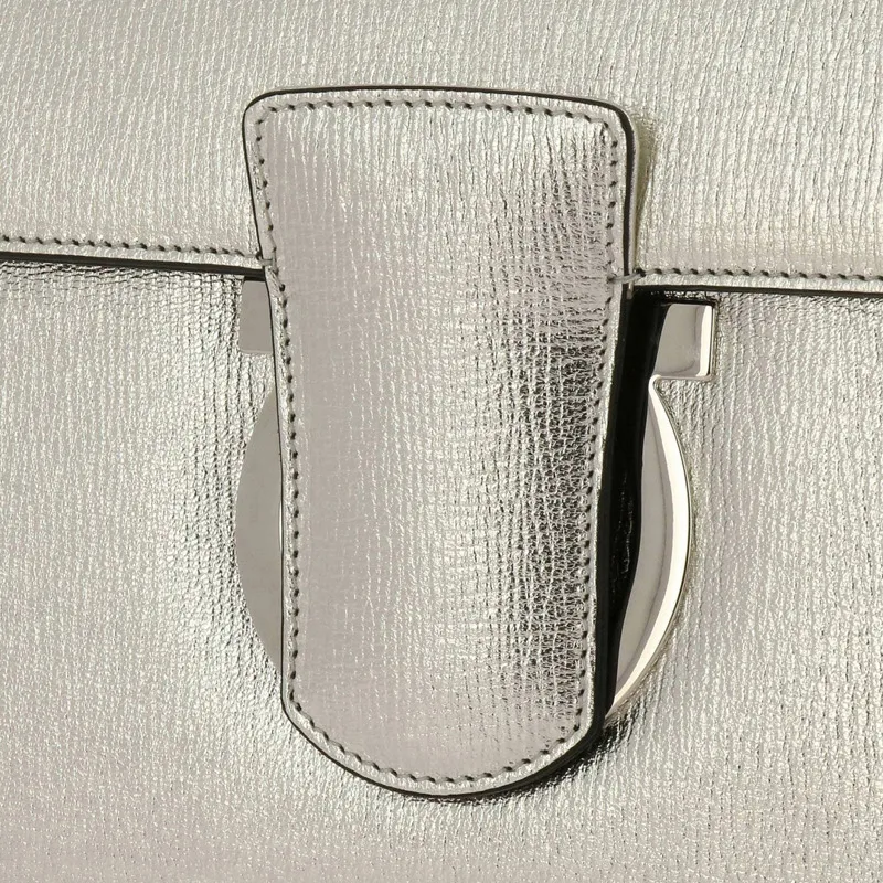 FERRAGAMO Leather Shoulder Bag Crossbody Bag Women's Silver-4