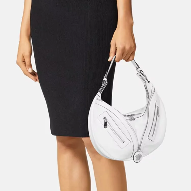 VERSACE Cow Leather Hobo Biker Shoulder Bag Handbag Large Size Women's White-4