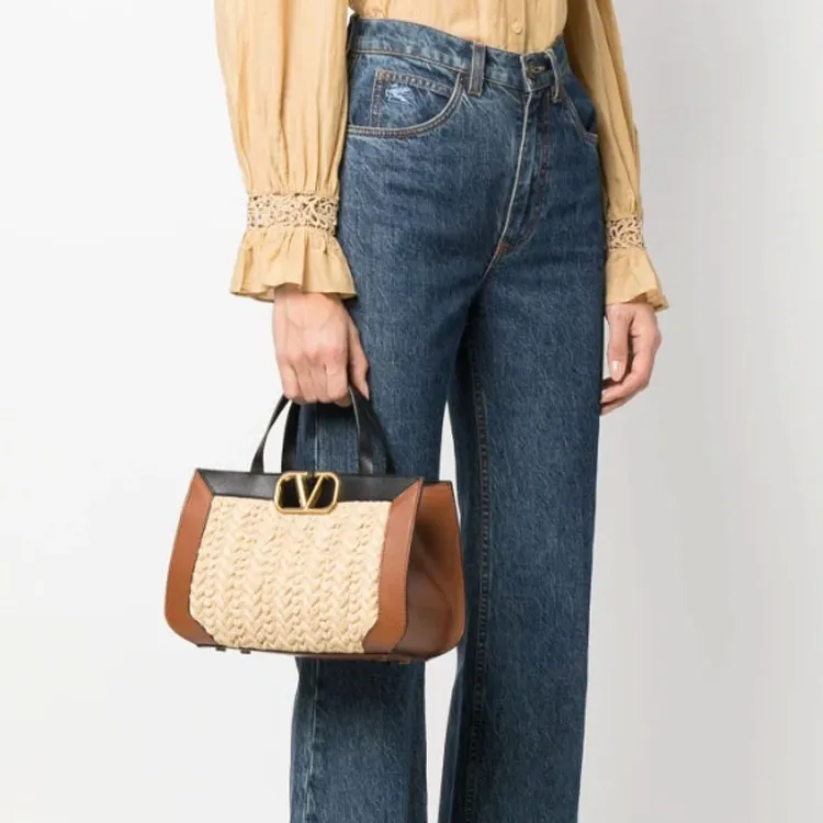 Valentino Straw With Calfskin Shoulder Bag Crossbody Bag Handbag Women's Light Brown-5