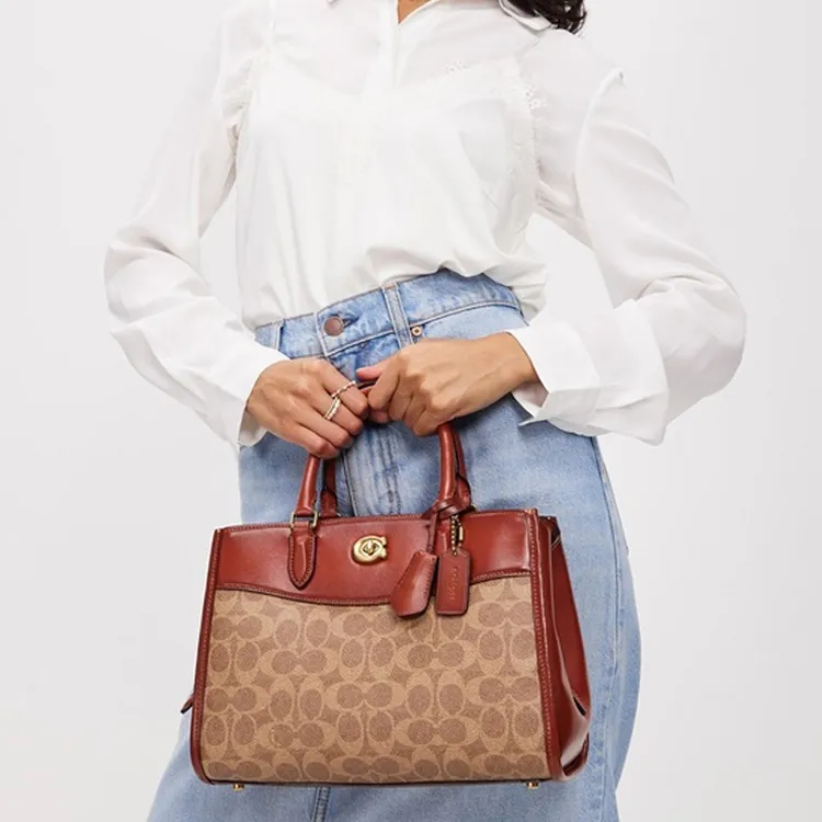 COACH Brooke Jacquard Canvas With Leather Shoulder Bag Crossbody Bag Handbag Medium Size Women's Red & Brown-3