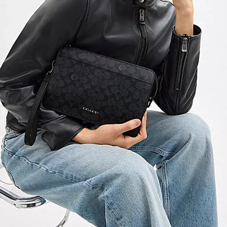COACH Artificial Leather Clutch Medium Size Men's Charcoal Black & Black-4