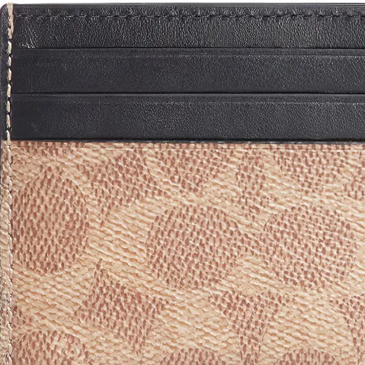 COACH Card Case Coated Canvas With Calfskin Leather Storage Bag Money Clip Card Holder Card Wallet Men's Khaki-4