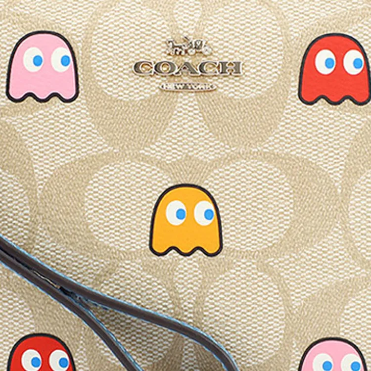 COACH X Pac-Man Pac-Man Collaboration Corner Zip Leather Clutch Small Size Women's Khaki With Blue Accents-2