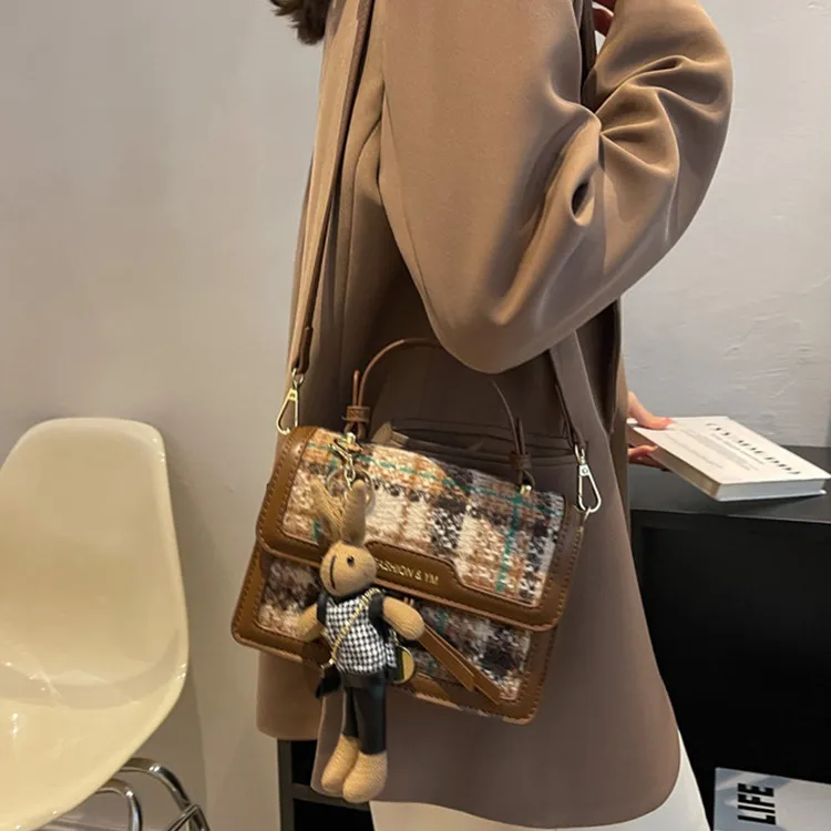 NOMK PU With Woolen Handbag, Shoulder Bag, Crossbody Bag Women's Coffee/Black-14