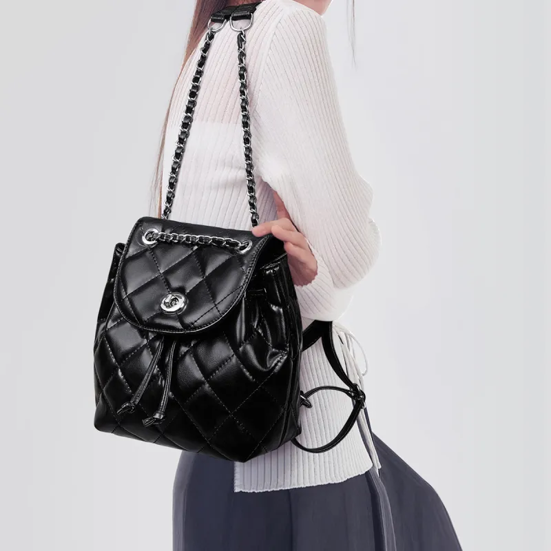 HARSON Cow Leather Patchwork Synthetic Leather Backpacks Backpack Regular Women's Black-3