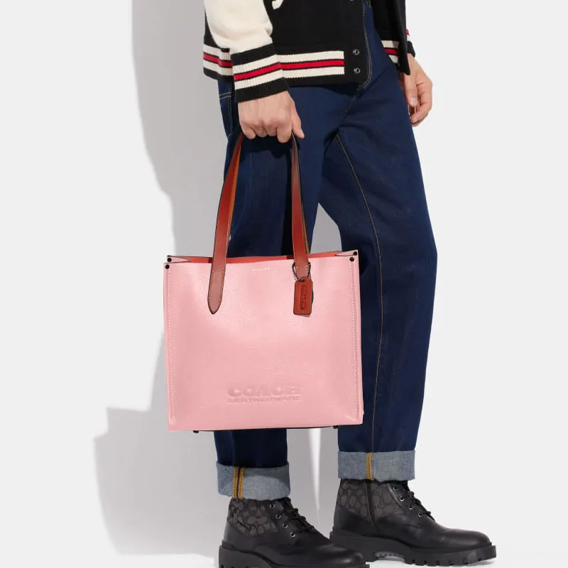 COACH Pebbled Leather With Canvas Tote Bag, Shopping Bag, Shoulder Bag, Handbag Tubas Women's Pink-3