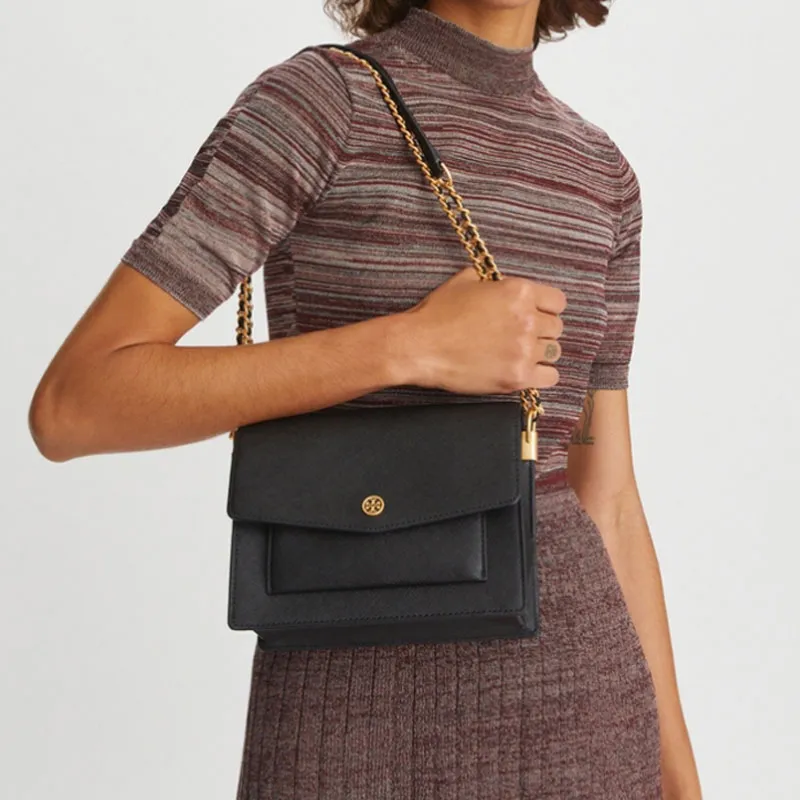 TORY BURCH Robinson Cow Leather Trunk Bag, Crossbody Bag, One Shoulder Handbag Women's Black/Black Gold-4