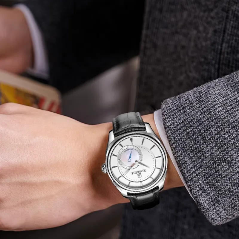 ROSSINI Mechanical Movement Cowhide Strap Watch Men's Watches Silver Dial-3