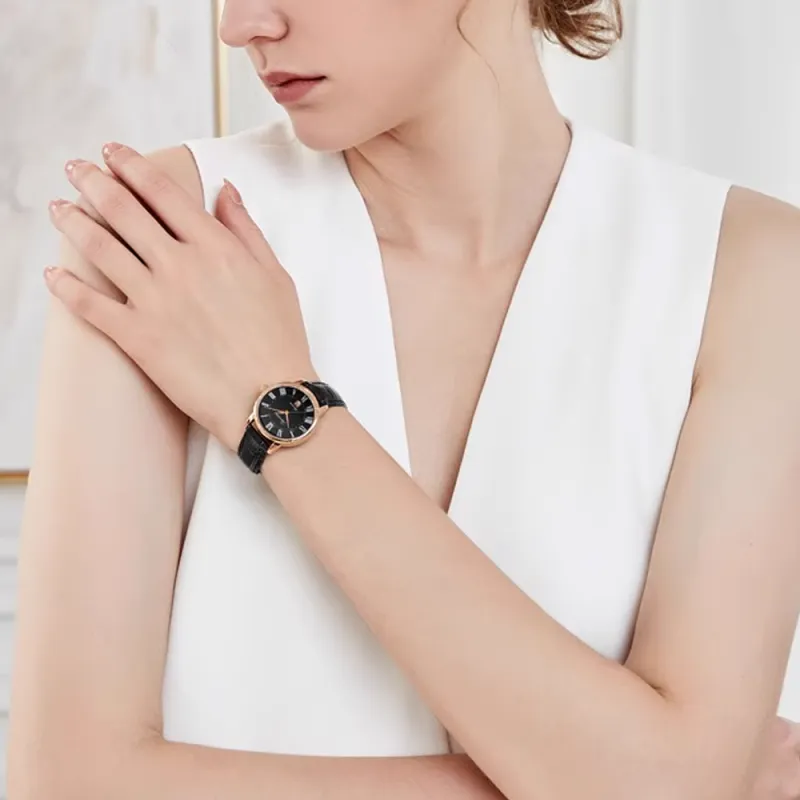 ROSSINI Mechanical Movement Cowhide Strap Watch Women's Watch Black Dial-4