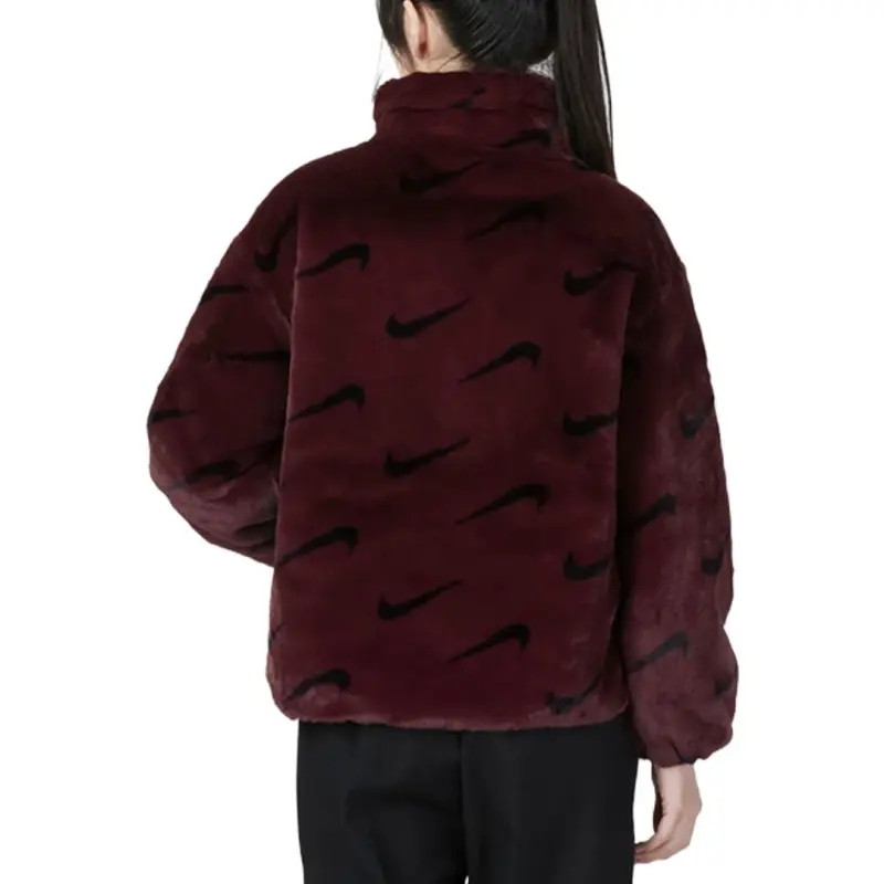 Nike Women's Printed Faux Fur Jacket Asia Sizing Burgundy Crush-4