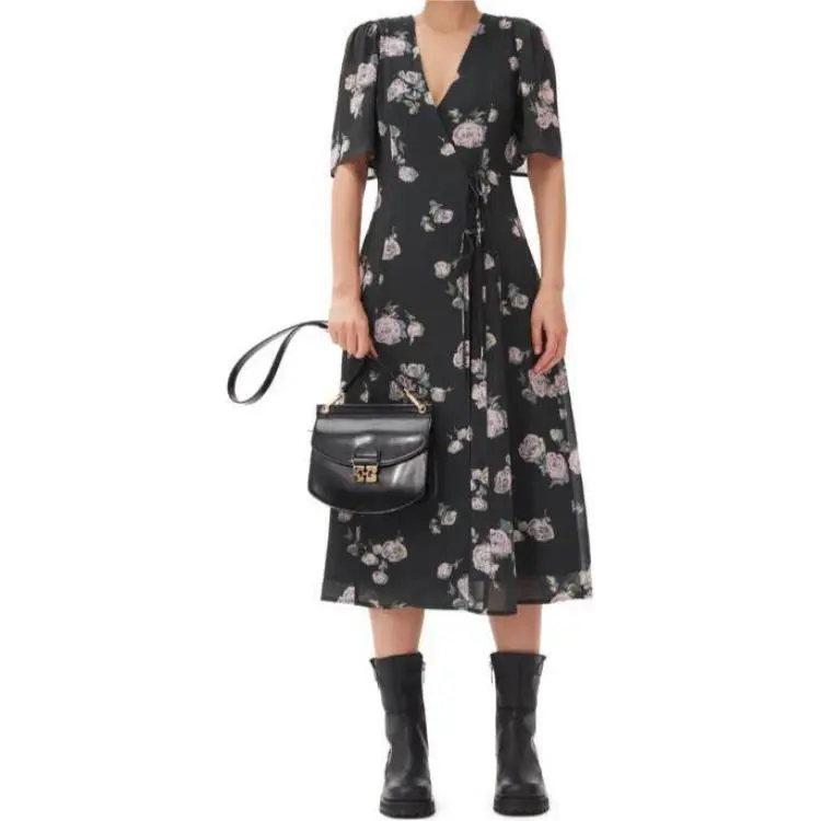 GANNI Floral print Crepe Wrap Midi Dress-1