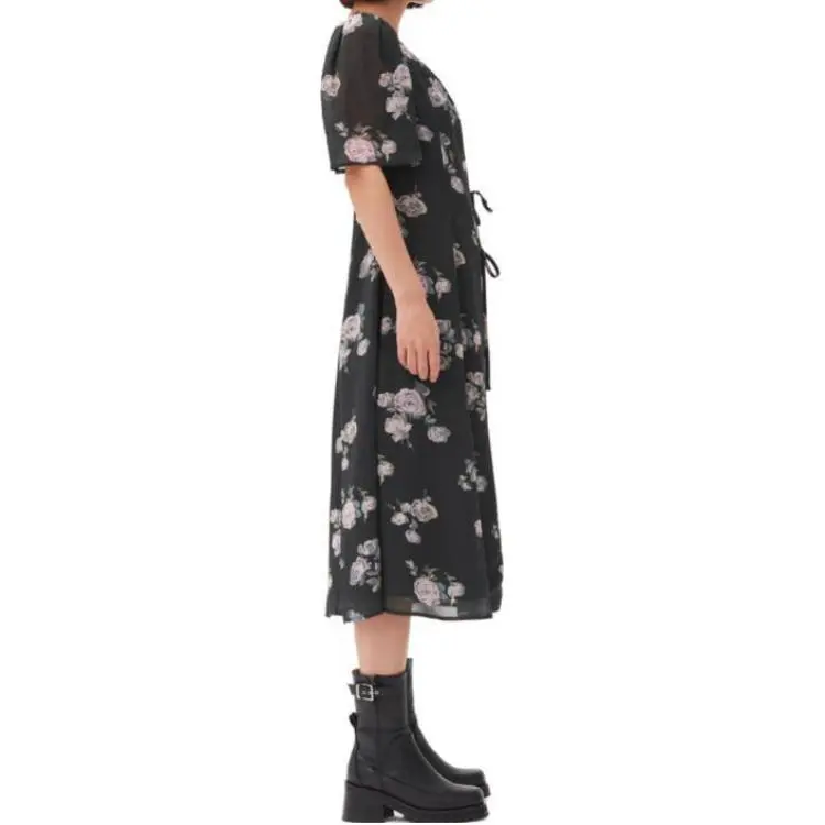 GANNI Floral print Crepe Wrap Midi Dress-2
