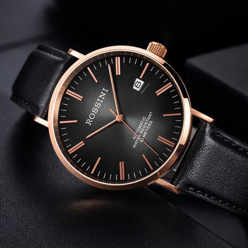 ROSSINI Automatic Mechanical Movement Genuine Leather Strap Watch Men's Watches Black Dial-4