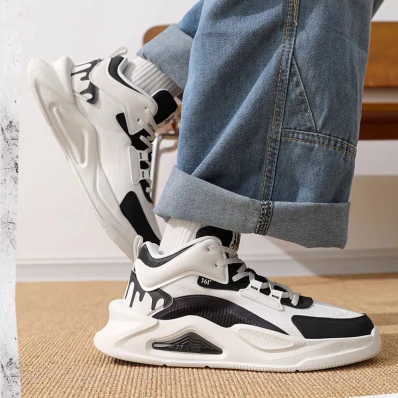 361° Jincheng Anti Slip And Wear Resistant Height Increasing Mid Top Casual Shoes Men's White Black-3
