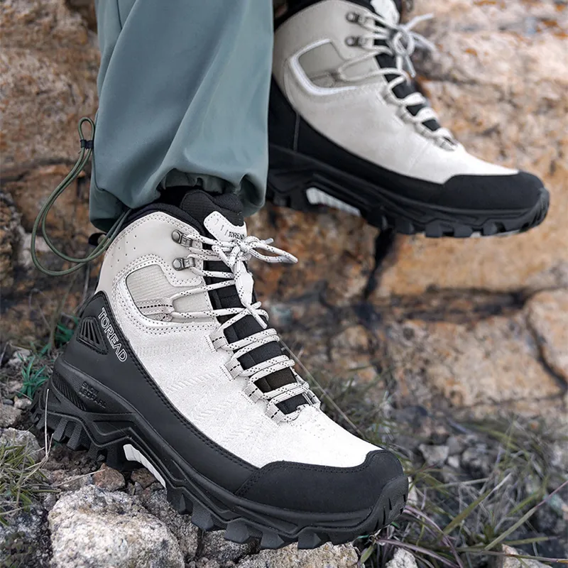 TOREAD Anti Slip Wear Resistant Mid Top Hiking Shoes Men's Beige Black-4