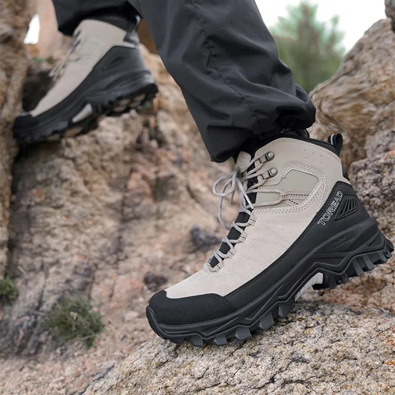 TOREAD Anti Slip Wear Resistant Mid Top Hiking Shoes Men's Beige Black-3