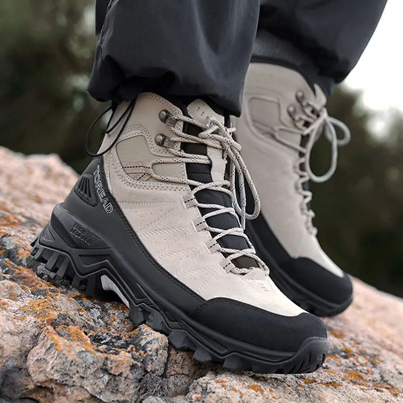 TOREAD Anti Slip Wear Resistant Mid Top Hiking Shoes Men's Beige Black-2