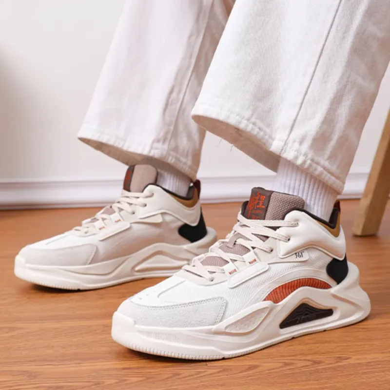 361° Jincheng Slip Resistant Height Increasing Mid Top Skateboard Shoes Men's White Brown-2
