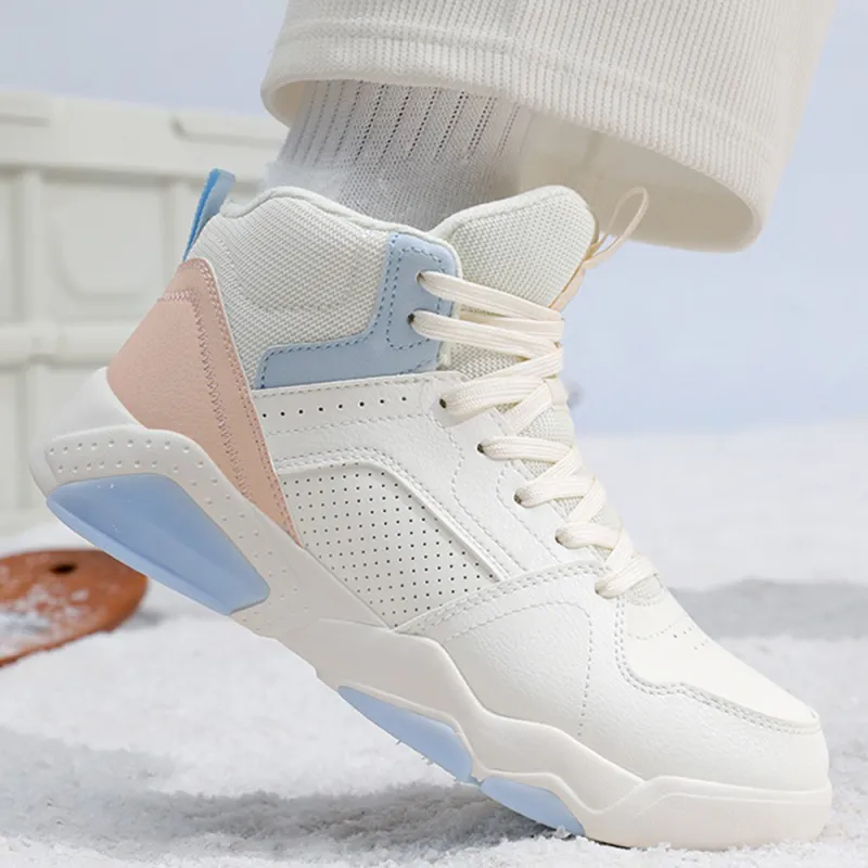 361° Warm Slip Resistant High Top Skateboard Shoes Women's White Blue Pink-2