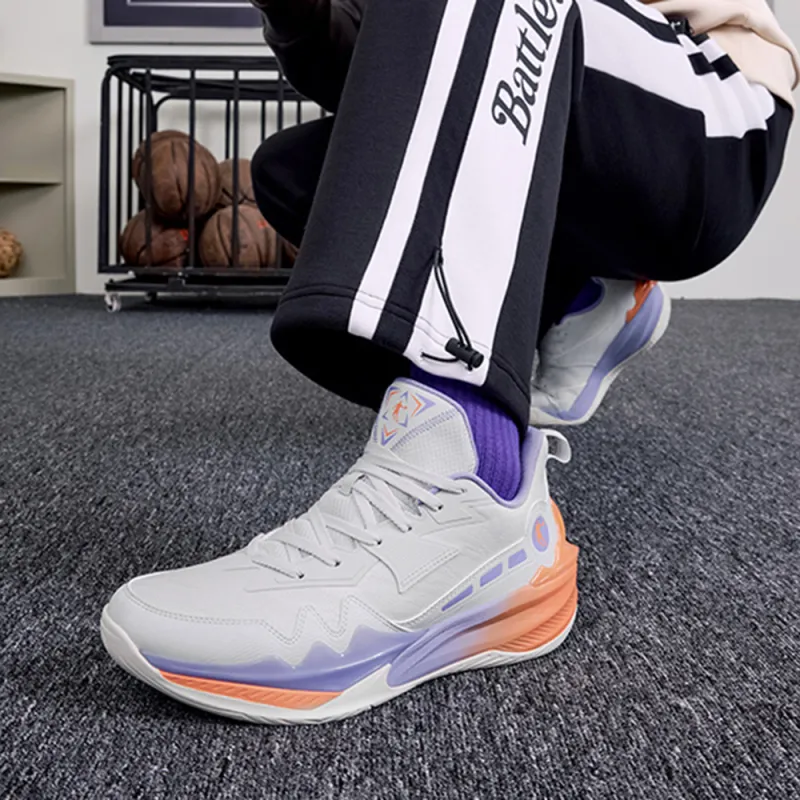 QIAODAN Cushioned Slip Resistant Lightweight Low Top Basketball Shoes Men's Gray Purple Orange-4