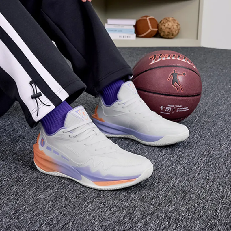 QIAODAN Cushioned Slip Resistant Lightweight Low Top Basketball Shoes Men's Gray Purple Orange-3