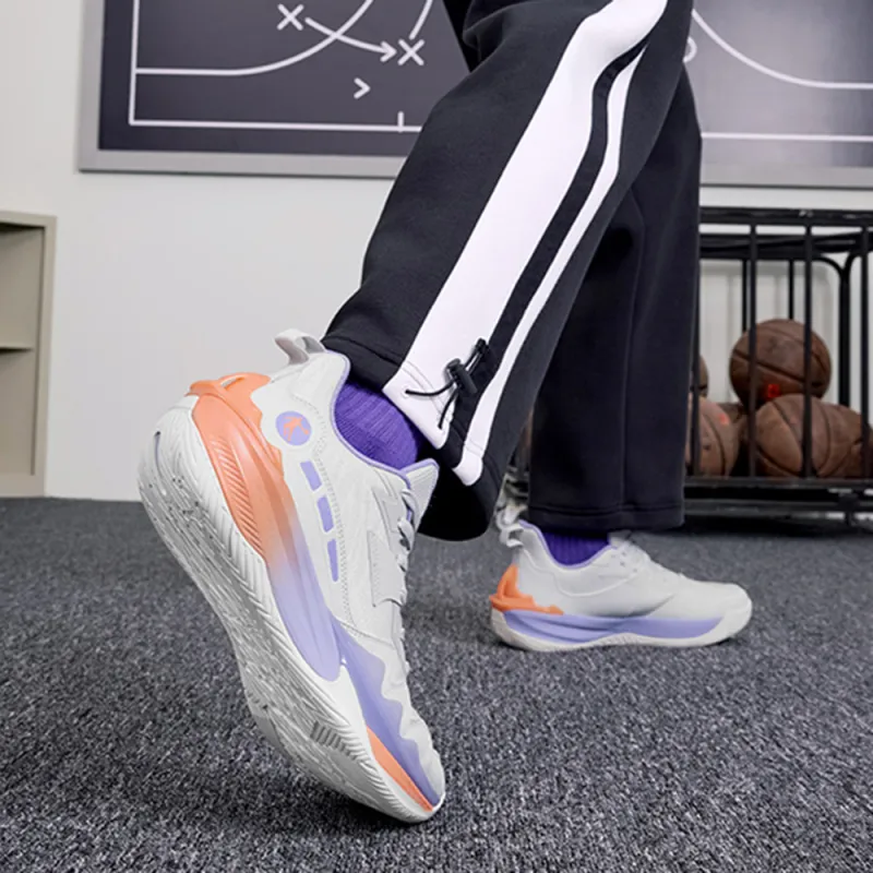 QIAODAN Cushioned Slip Resistant Lightweight Low Top Basketball Shoes Men's Gray Purple Orange-6