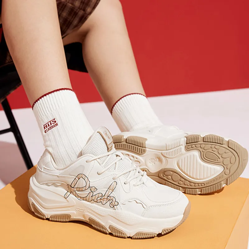 QIAODAN Dry Slip Resistant Lightweight Height Increasing Low Top Casual Shoes Women's Beige-2
