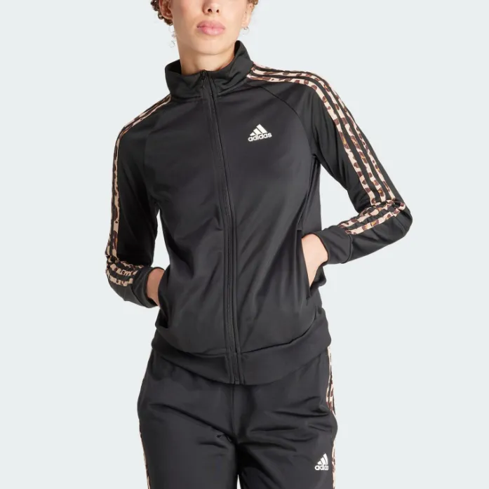 Adidas Essentials Animal Print Tricot 3-Stripes Track Jacket Jackets Coats Women's Black-1