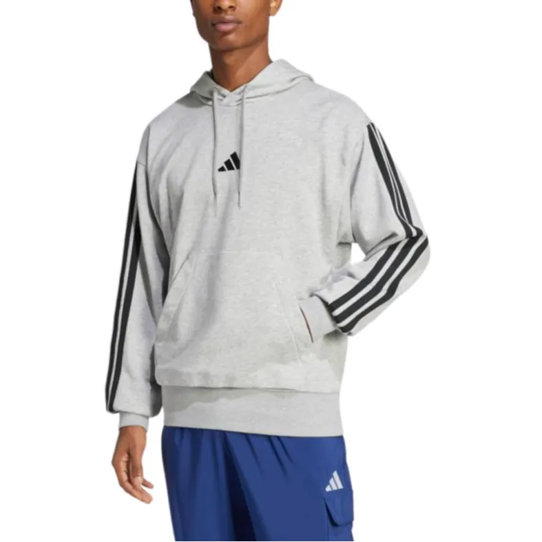 Adidas ESSENTIALS3 Stripes French Terry Hoodie Sweatshirt Unisex Medium Gray Mixed Color/Black-1