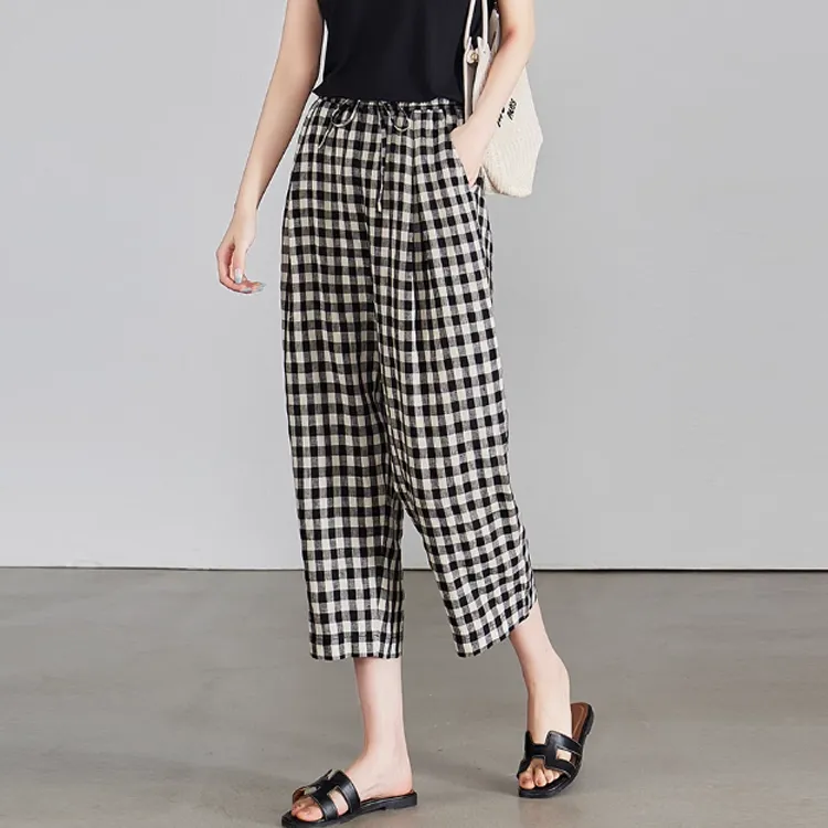 TOUCH MISS Casual Pants Women's Black Beige Plaid-1