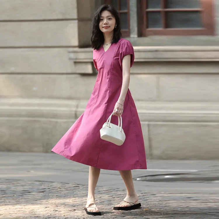 【dme】 Short Sleeved Dress Women's Rose Red-1