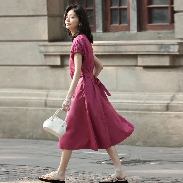 【dme】 Short Sleeved Dress Women's Rose Red-2