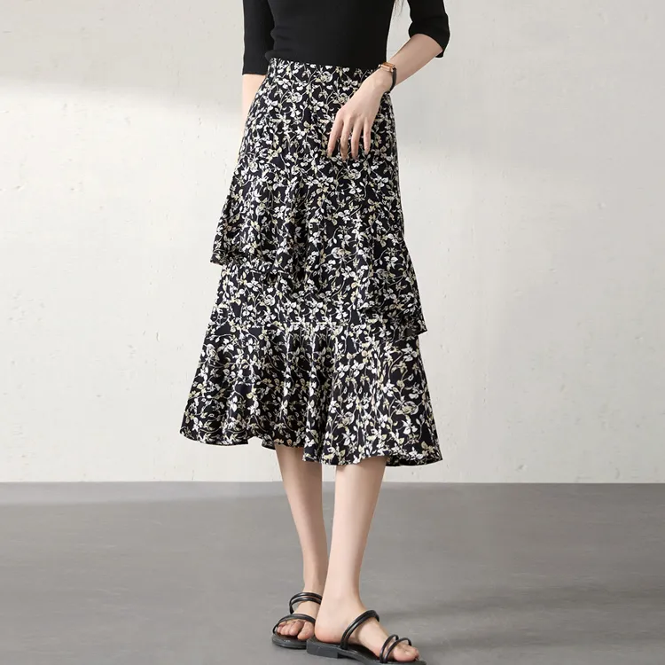 Mo Han Yi Mei SS24 Casual Long Skirts Women's Black Floral-1