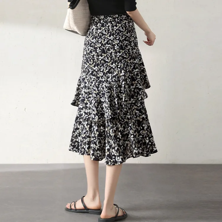 Mo Han Yi Mei SS24 Casual Long Skirts Women's Black Floral-2