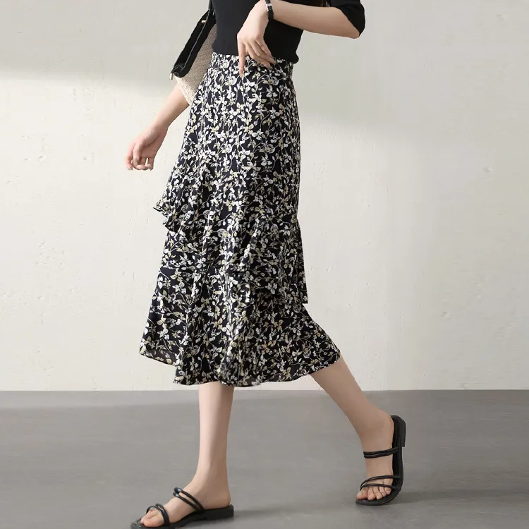 Mo Han Yi Mei SS24 Casual Long Skirts Women's Black Floral-3