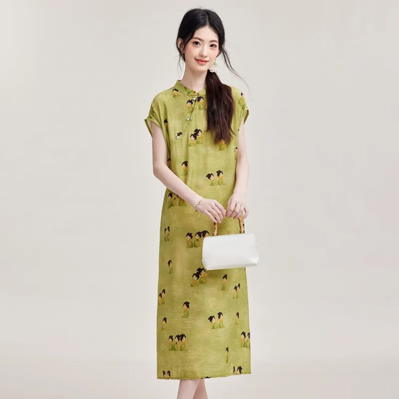 Emodues SS24 Short Sleeved Dress Women's Green Lady Painting-1